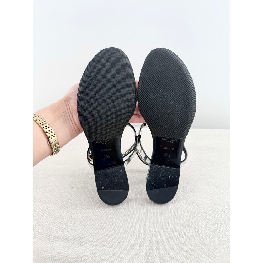 Saint Laurent Cassandra Patent Leather YSL Logo Thong Sandals Silver Black 36.5 - Picture 8 of 8
